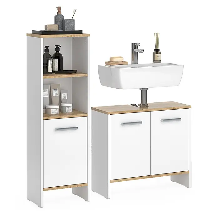 Vicco Badmöbel-Set Karli Weiß/Goldkraft Eiche 2 Teile - Weiß, Matt - Weißes Badmöbelset mit hellen Holzdetails, bestehend aus einem Hochschrank und einem Waschtischunterschrank.
