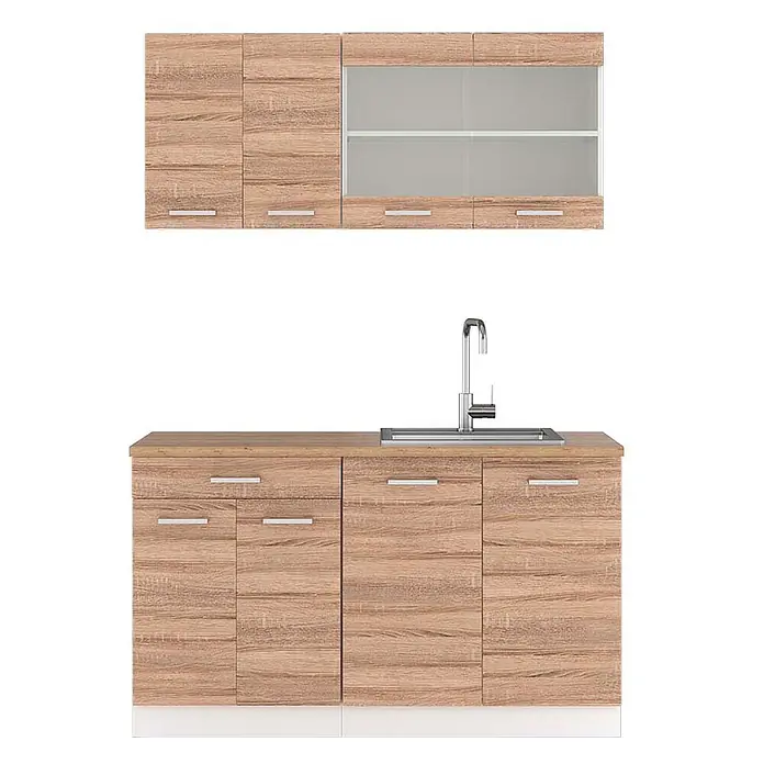 Vicco Singleküche R-Line Sonoma/Weiß, AP Eiche - Sonoma, Mit AP Eiche - Küchenzeile in heller Holzoptik mit Ober- und Unterschränken, Glaselementen und Spüle, dazu silberne Griffe.
