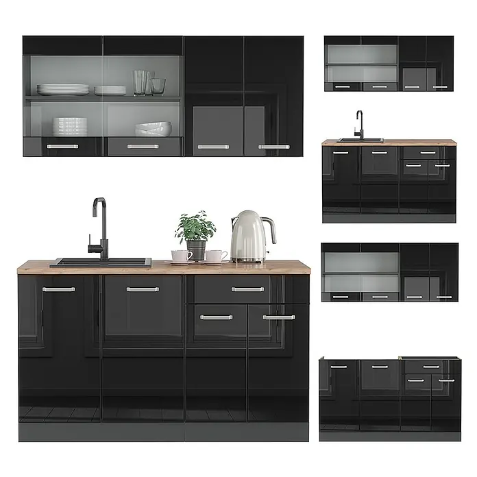 Vicco Singleküche R-Line Schwarz Hochglanz/Anthrazit, AP Eiche - Breite: 140 cm, Schwarz Hochglanz, Mit AP Eiche - Modulare Hochglanz-Küchenzeile in Schwarz mit Holzplatte, Spüle und Hängeschränken mit Glastüren.