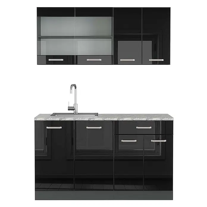 Vicco Singleküche R-Line Schwarz Hochglanz/Anthrazit, AP Marmor - Schwarz Hochglanz, Mit AP Marmor - Hochglanz schwarze Küchenschränke mit weißer Marmor-Arbeitsplatte und Spüle.