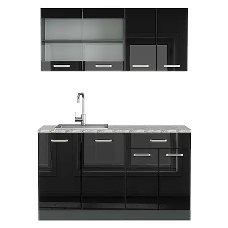 Vicco  Singleküche R-Line Schwarz Hochglanz/Anthrazit, AP Marmor