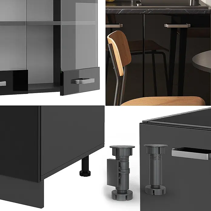 Vicco Singleküche R-Line Schwarz Hochglanz/Anthrazit, AP Eiche - Breite: 140 cm, Schwarz Hochglanz, Mit AP Eiche - Dunkelgraue Küchenschränke, teilweise mit Glastüren, und verstellbare Möbelfüße.