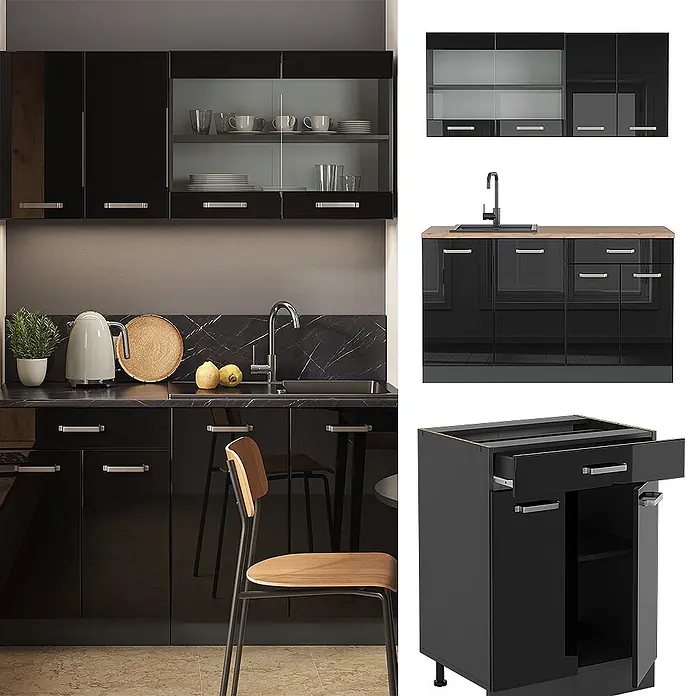 Vicco Singleküche R-Line Schwarz Hochglanz/Anthrazit, AP Eiche - Breite: 140 cm, Schwarz Hochglanz, Mit AP Eiche - Hochglanz schwarze Küchenschrank-Set mit marmorähnlicher Arbeitsplatte, Spüle und verschiedenen Modulen.