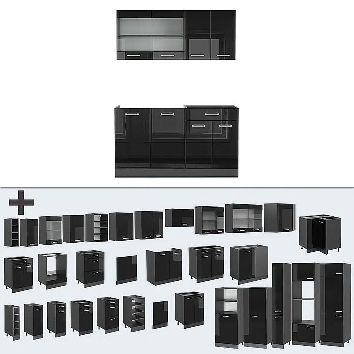 Vicco Singleküche R-Line Schwarz Hochglanz/Anthrazit, AP Eiche - Breite: 140 cm, Schwarz Hochglanz, Mit AP Eiche - Set modularer schwarzer Hochglanz-Küchenschränke in verschiedenen Konfigurationen, inkl. Ober-, Unter- und Hochschränken, teils mit Glastüren.