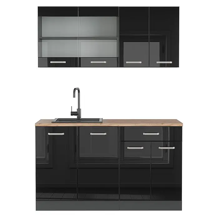 Vicco Singleküche R-Line Schwarz Hochglanz/Anthrazit ohne Arbeitsplatte - Schwarz Hochglanz, Ohne AP - Moderne schwarze Hochglanz-Küchenzeile mit Holz-Arbeitsplatte, Spüle, Armatur und Oberschränken mit Glastüren.