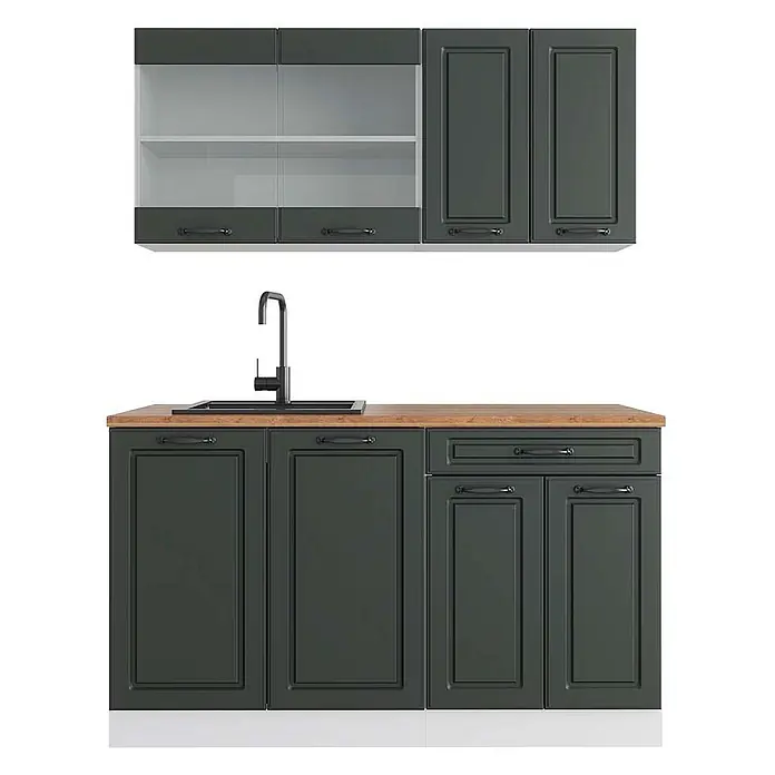 Vicco Singleküche R-Line Anthrazit Landhaus/Weiß, AP Eiche - Breite: 140 cm, Anthrazit Landhaus, Mit AP Eiche - Dunkelgrüne Küchenschrank-Garnitur mit Holz-Arbeitsplatte, schwarzer Spüle und oberen Schränken mit Milchglas.