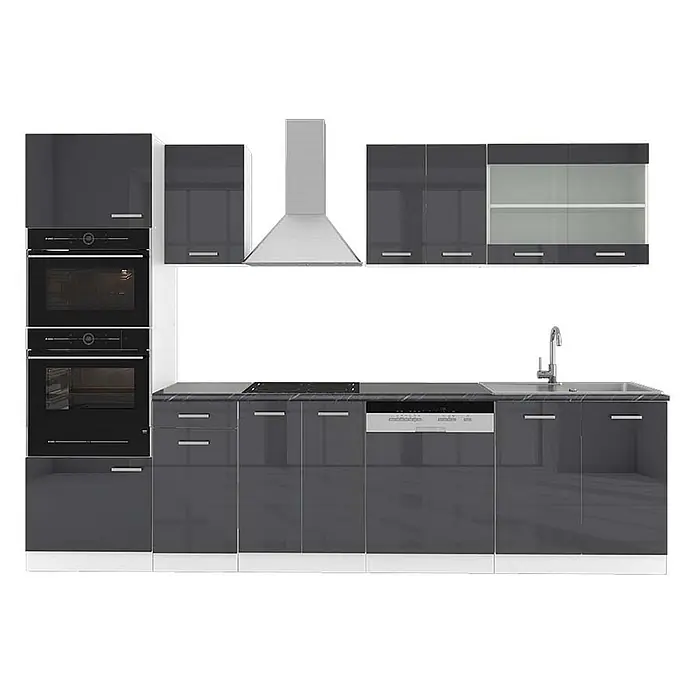 Vicco Küchenzeile R-Line Anthrazit Hochglanz/Weiß mit Hochschrank, AP Anthrazit - Breite: 300 cm, Anthrazit Hochglanz, Ohne Elektrogeräte - Moderne dunkelgraue Hochglanzküche mit Einbauöfen, Kochfeld, Geschirrspüler, Spüle und Dunstabzugshaube.