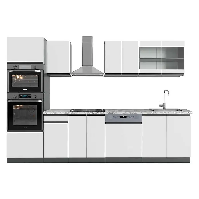 Vicco Küchenzeile R-Line Weiß/Anthrazit J-Shape mit Hochschrank, AP Marmor - Breite: 300 cm, Weiß, Ohne Elektrogeräte - Moderne Küche mit weißen Schränken, Arbeitsplatte in Marmoroptik und integrierten Edelstahlgeräten.