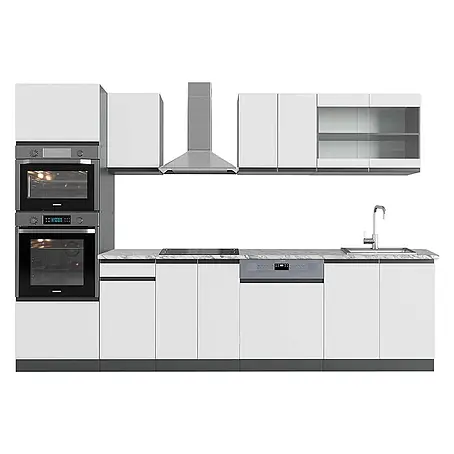 Vicco  Küchenzeile R-Line Weiß/Anthrazit J-Shape mit Hochschrank, AP Marmor