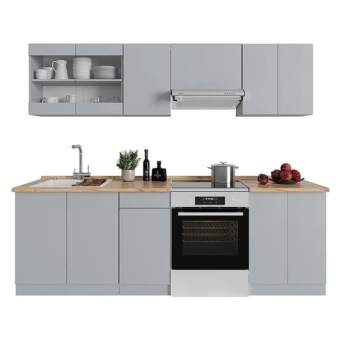 Vicco Küchenzeile R-Line Grau, AP Eiche - Grau, Ohne Elektrogeräte - Graue Küchenzeile mit Holzplatte, Spüle und Edelstahlgeräten.