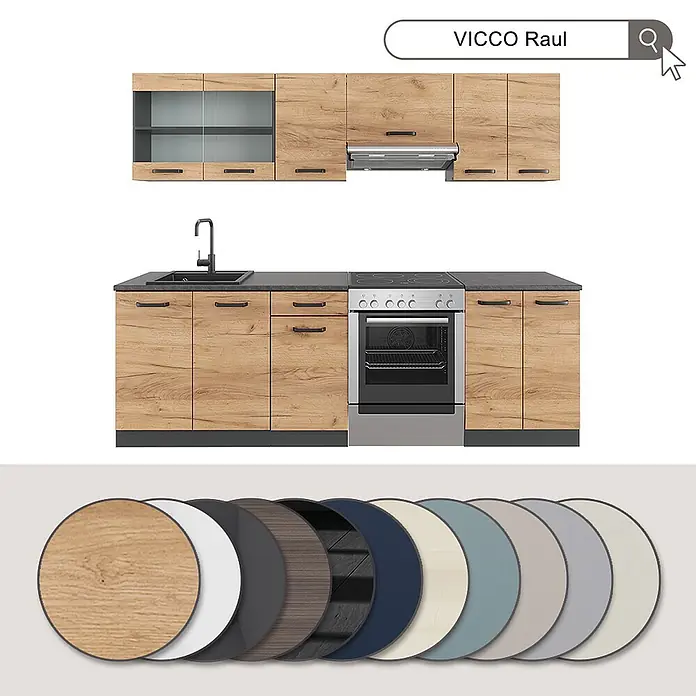 Vicco Küchenzeile R-Line Grau, AP Eiche - Grau, Ohne Elektrogeräte - Modulare Küchenzeile in heller Holzoptik mit schwarzen Arbeitsplatten und Griffen, Spüle, Herd, Ofen, Oberschränken und Materialmuster.