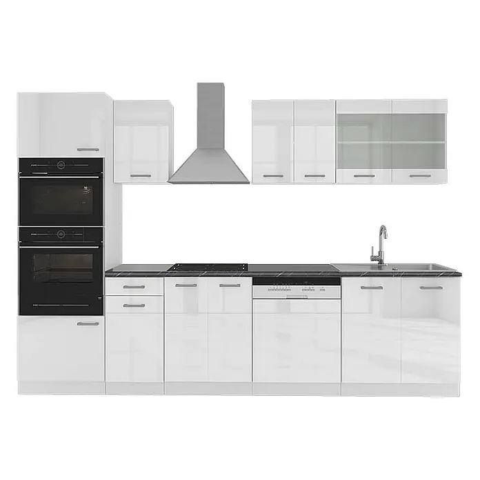 Vicco Küchenzeile R-Line Weiß Hochglanz/Weiß mit Hochschrank, AP Anthrazit - Breite: 300 cm, Weiß Hochglanz, Ohne Elektrogeräte - Weiße Hochglanz-Einbauküche mit schwarzen Geräten, dunkler Arbeitsplatte und Dunstabzugshaube aus Edelstahl.