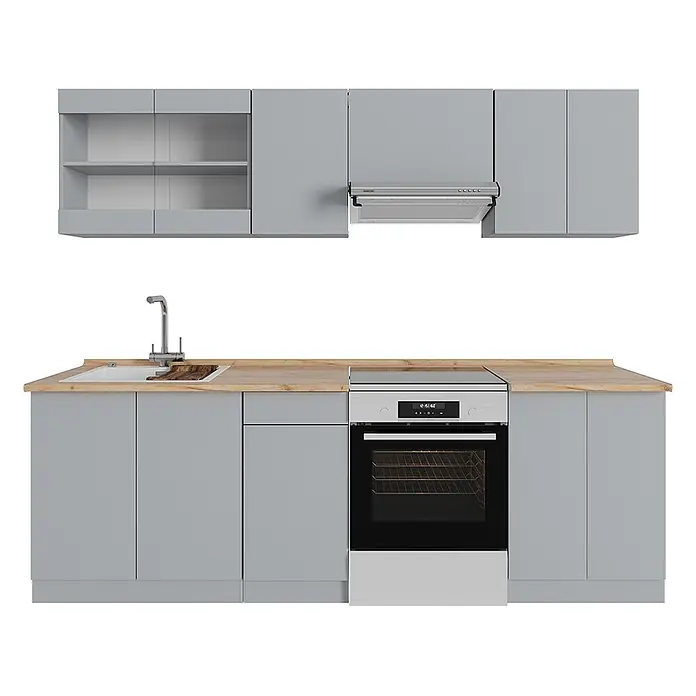 Vicco Küchenzeile R-Line Grau, AP Eiche - Grau, Ohne Elektrogeräte - Helle graue Küchenzeile mit Holzoptik-Arbeitsplatte, integriertem Ofen, Kochfeld, Spüle, Armatur und Oberschränken mit offenen Regalen und Dunstabzugshaube.