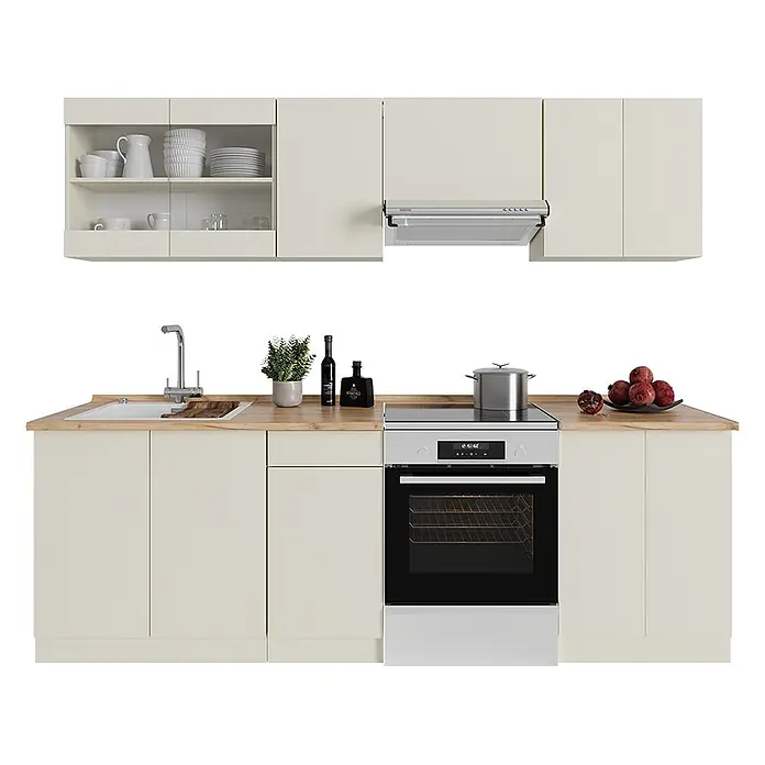 Vicco Küchenzeile R-Line Hellgrau, AP Eiche - Beige, Ohne Elektrogeräte - Kompakte beige Küchenzeile mit Holzoptik-Arbeitsplatte, Spüle, Backofen, Kochfeld und Dunstabzugshaube, offenen Regalen und Schränken.