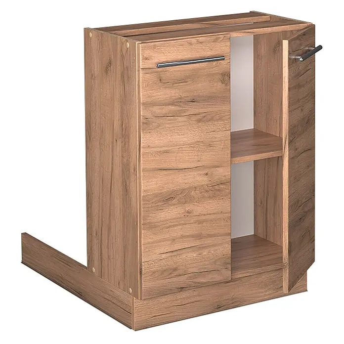 Vicco Inselküche Fame-Line Goldkraft Eiche ohne Arbeitsplatte - Goldkraft Eiche, Ohne Elektrogeräte - Eichenoptik-Schrank mit zwei Türen, eine offen mit Regal und Handtuchstange, auf Sockel.