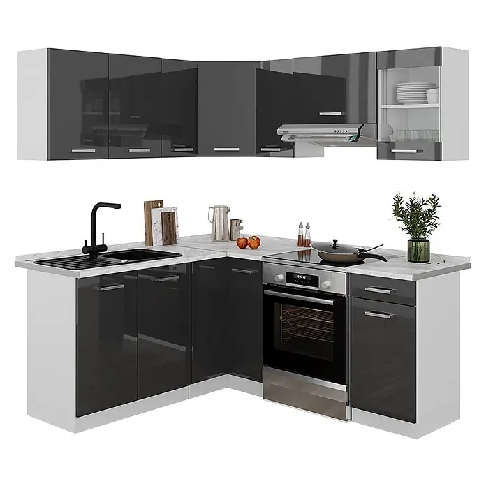 Vicco Eckküche Rick Anthrazit Hochglanz/Weiß, AP Marmor - B x T: 187 x 60 cm, Anthrazit, Ohne Elektrogeräte - Moderne L-förmige Küche mit glänzenden anthrazitfarbenen Türen, weißen Korpen, heller Arbeitsplatte, Spüle, Kochfeld und Backofen.