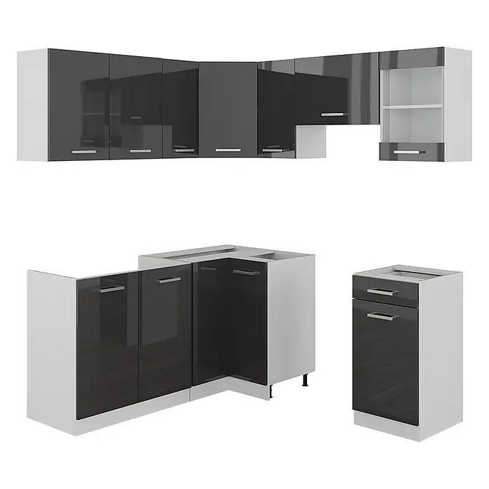 Vicco Eckküche Rick Anthrazit Hochglanz/Weiß, AP Marmor - B x T: 187 x 60 cm, Anthrazit, Ohne Elektrogeräte - Modulare Küchenschränke in Dunkelgrau Hochglanz mit weißen Korpen und silbernen Griffen, bestehend aus Ober- und Unterschränken sowie einem Hochschrank.