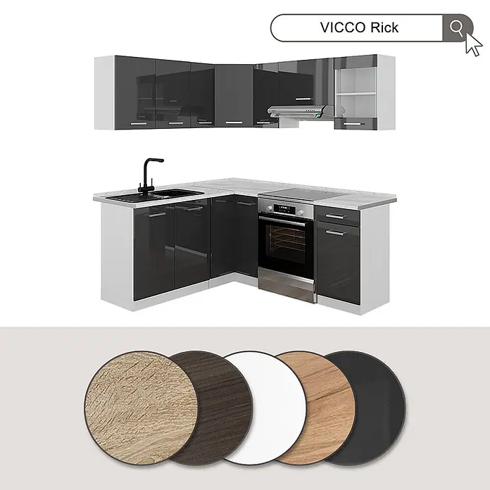 Vicco Eckküche Rick Anthrazit Hochglanz/Weiß, AP Marmor - B x T: 187 x 60 cm, Anthrazit, Ohne Elektrogeräte - L-förmige VICCO Rick Küchenzeile mit hochglänzenden dunkelgrauen Schränken, heller Arbeitsplatte, Spüle, Backofen. Fünf Material-/Farboptionen.