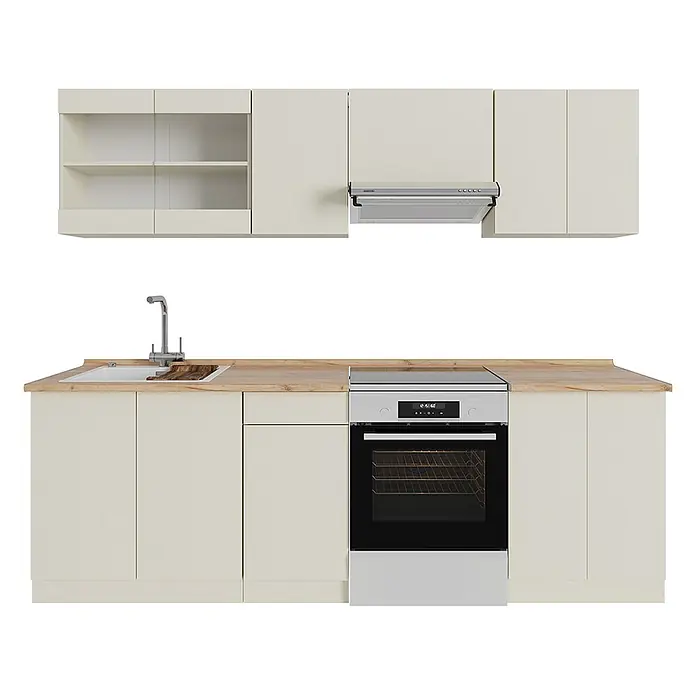 Vicco Küchenzeile R-Line Hellgrau, AP Eiche - Beige, Ohne Elektrogeräte - Hellbeige modulare Küchenzeile mit Holzplatte, Spüle, Armatur, Ofen, Kochfeld und Dunstabzugshaube.