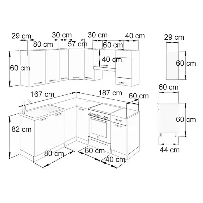 Vicco Eckküche Rick Anthrazit Hochglanz/Weiß, AP Marmor - B x T: 187 x 60 cm, Anthrazit, Ohne Elektrogeräte - Skizze einer Küchenzeile mit Ober- und Unterschränken, Spüle und Ofen, mit verschiedenen Bemaßungen in Zentimetern.