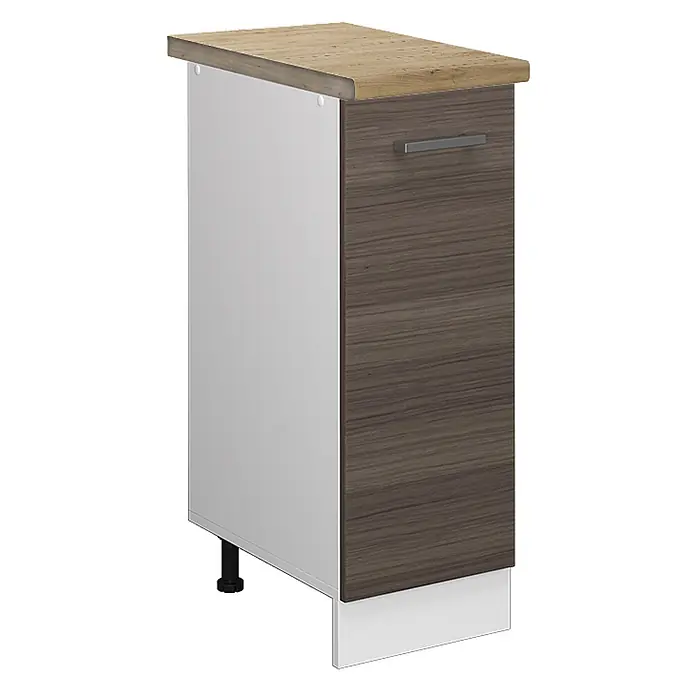 Vicco Schrankküche R-Line Edelgrau, AP Eiche - Edelgrau, Apothekerunterschrank 30 cm, AP Eiche - Küchenunterschrank mit heller Holzoptik-Arbeitsplatte, dunkler Holzmaserung-Schublade und weißen Seiten. Mit modernem Metallgriff und verstellbaren Füßen.