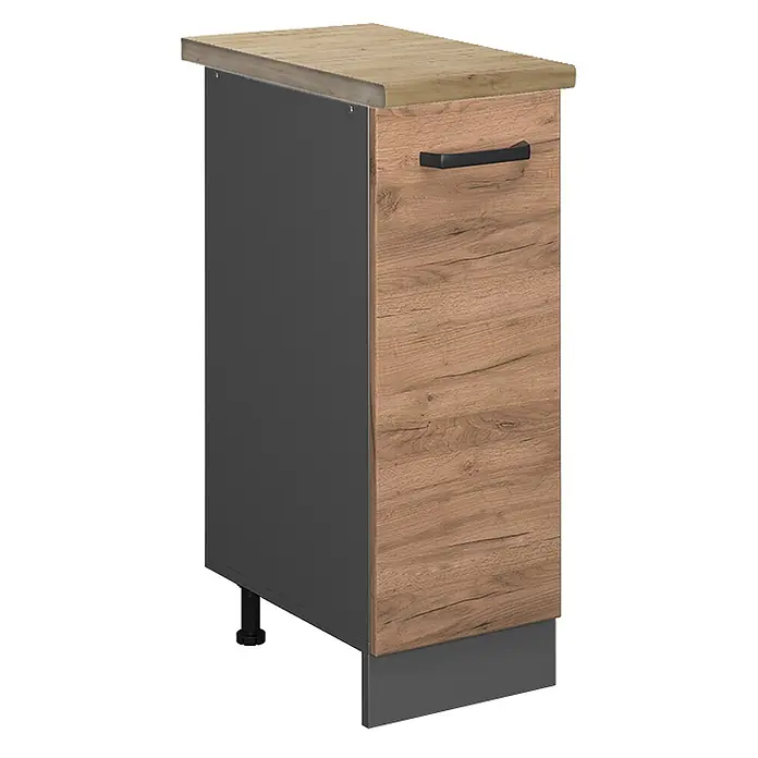 Vicco Schrankküche R-Line Goldkraft Eiche, AP Eiche - Goldkraft Eiche, Apothekerunterschrank 30 cm, AP Eiche - Schmaler Schrank mit heller Holzplatte, dunkelgrauen Seiten und brauner Holzschublade mit schwarzem Griff.