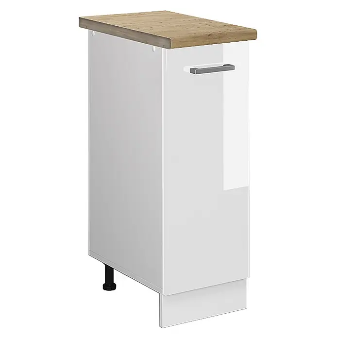 Vicco Schrankküche R-Line Weiß Hochglanz, AP Eiche - Weiß Hochglanz, Apothekerunterschrank 30 cm - Schmaler weißer Unterschrank mit heller Holzplatte, grauem Griff, Sockel und verstellbarem Fuß.