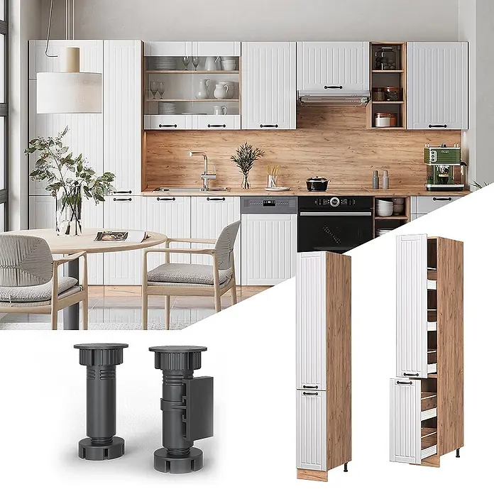 Vicco Schrankküche Fame-Line Weiß Landhaus - Weiß Landhaus, Apothekerhochschrank 30 cm - Moderne Küche mit weißen geriffelten Schränken, Holzdetails und schwarzen Griffen. Inklusive verstellbarer Füße und hohem Auszugsschrank.