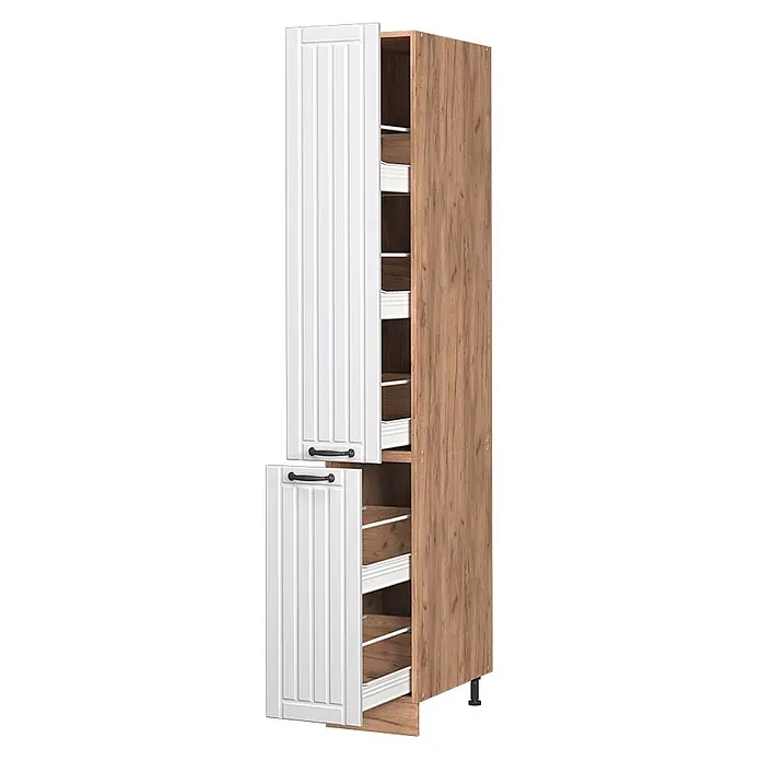 Vicco Schrankküche Fame-Line Weiß Landhaus - Weiß Landhaus, Apothekerhochschrank 30 cm - Hoher Vorratsschrank mit weißen Lamellentüren und Korpus in Holzoptik, zeigt interne Auszugskörbe.