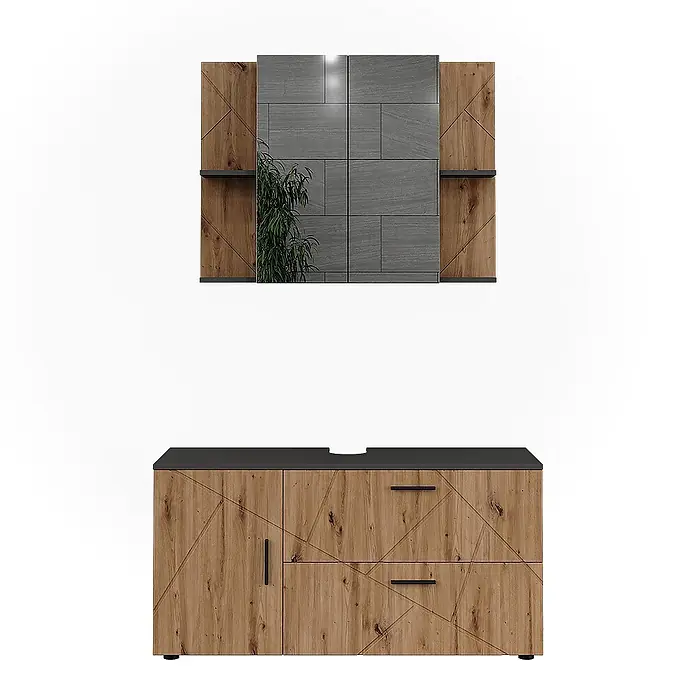 Vicco Badmöbel-Set Irma Anthrazit/Artisan 2 Teile - Anthrazit, Matt - Modernes Badmöbel-Set mit heller Holzoptik, geometrischen Mustern, dunkelgrauem Spiegel und schwarzer Arbeitsplatte.