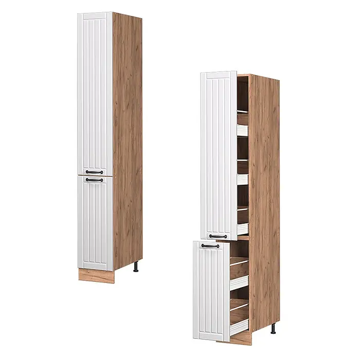 Vicco Schrankküche Fame-Line Weiß Landhaus - Weiß Landhaus, Apothekerhochschrank 30 cm - Hoher Küchenschrank mit weißen Latttüren und Holzdekor. Geschlossen und offen mit ausziehbarem Stauraum dargestellt.