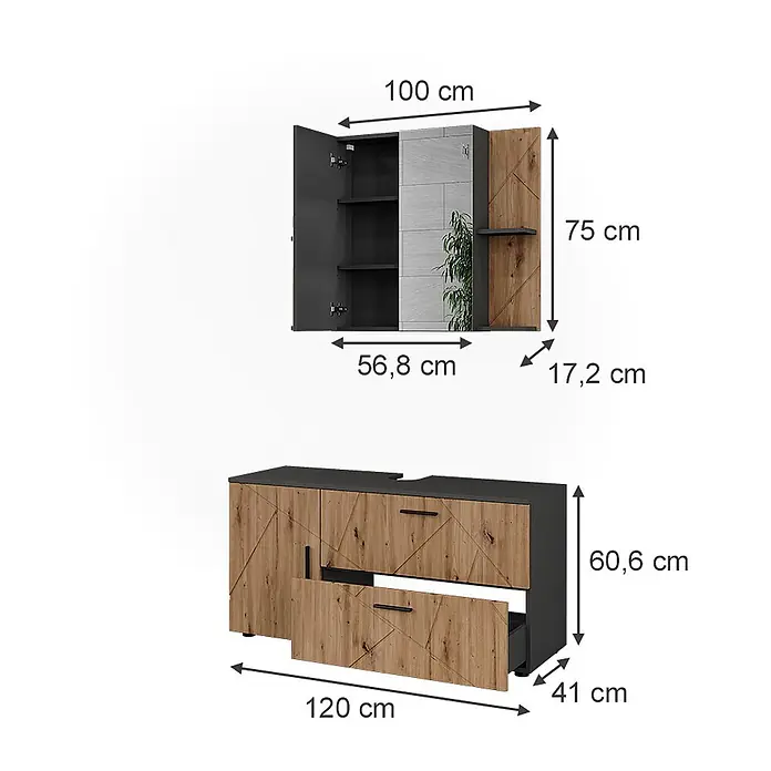 Vicco Badmöbel-Set Irma Anthrazit/Artisan 2 Teile - Anthrazit, Matt - Zwei moderne Möbelstücke: ein Hängeschrank und ein Sideboard, dunkelgrau mit hellen Holzfronten und geometrischem Muster.