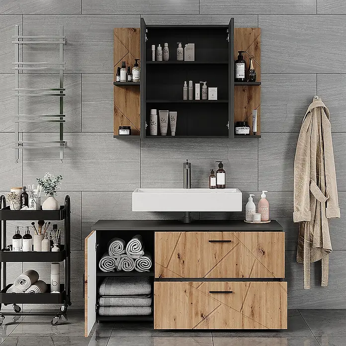 Vicco Badmöbel-Set Irma Anthrazit/Artisan 2 Teile - Anthrazit, Matt - Moderner Badezimmerschrank mit weißem Waschbecken, Holzschubladen und offenem Wandschrank für Toilettenartikel.