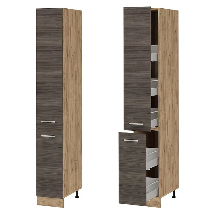Vicco Schrankküche R-Line Edelgrau - Edelgrau, Apothekerhochschrank 30 cm - Hoher zweifarbiger Vorratsschrank mit dunkelgrauer und hellbrauner Holzmaserung, mit ausziehbaren Innenschubladen und silbernen Griffen.
