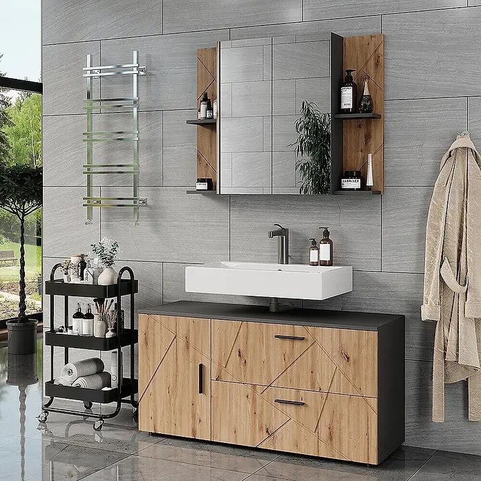 Vicco Badmöbel-Set Irma Anthrazit/Artisan 2 Teile - Anthrazit, Matt - Moderner Badezimmerschrank mit geometrischer Holzfront und dunkler Arbeitsplatte, plus passendem Spiegelschrank mit Ablagen.