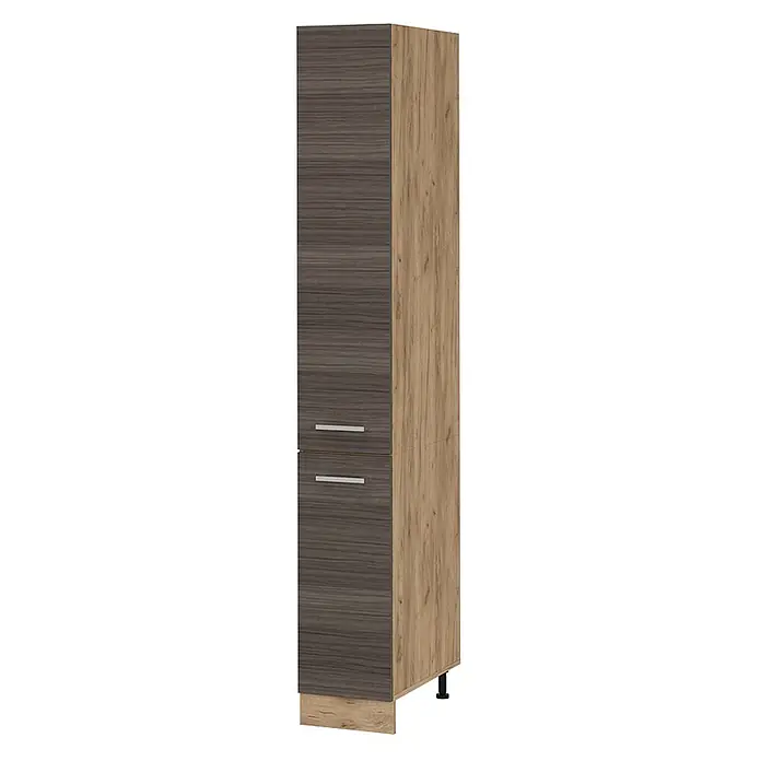 Vicco Schrankküche R-Line Edelgrau - Edelgrau, Apothekerhochschrank 30 cm - Hoher zweifarbiger Holzoptik-Schrank mit dunkelgrauen Fronten, heller Seitenwand und silbernen Griffen, auf verstellbaren Füßen.