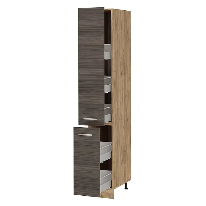 Vicco Schrankküche R-Line Edelgrau - Edelgrau, Apothekerhochschrank 30 cm - Hoher zweifarbiger Schrank mit dunkelgrauen Holzmaserungstüren und hellem Holzmaserungsrahmen, mit weißen Auszugsschubladen. Türen sind leicht geöffnet.