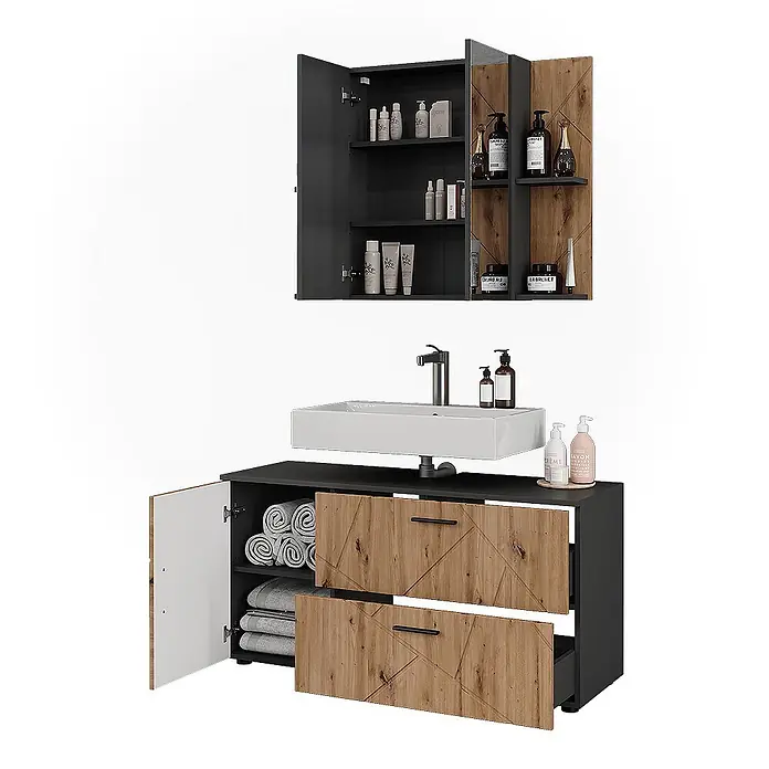Vicco Badmöbel-Set Irma Anthrazit/Artisan 2 Teile - Anthrazit, Matt - Modernes Badmöbel-Set in Schwarz-Holz-Optik mit weißem Waschbecken, passendem Wandschrank mit Pflegeprodukten und Handtüchern.