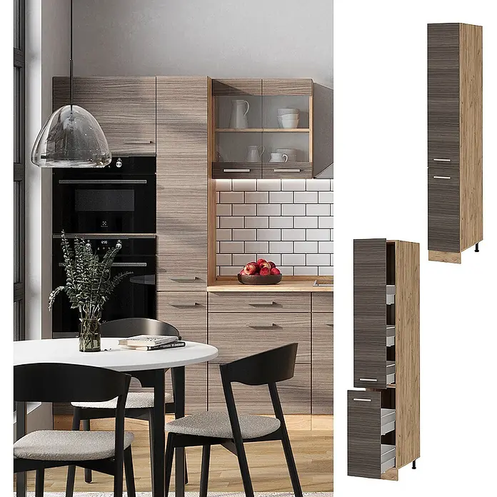 Vicco Schrankküche R-Line Edelgrau - Edelgrau, Apothekerhochschrank 30 cm - Moderne Küchenschränke in zweifarbigem Holzdekor, mit integrierten Geräten und einem hohen Vorratsschrank mit Regalen.