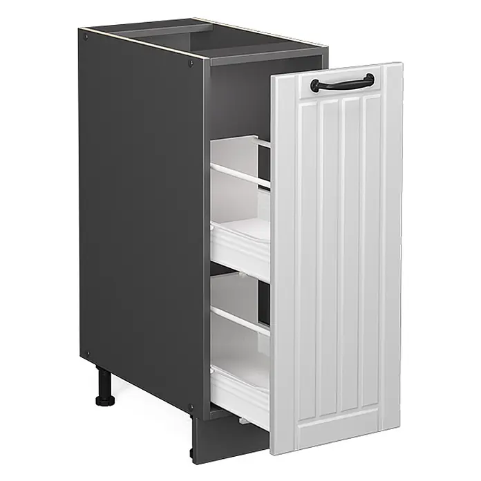 Vicco Schrankküche Fame-Line Weiß Landhaus, AP Eiche - Weiß Landhaus, Apothekerunterschrank 30 cm, AP Eiche - Dunkelgrauer Unterschrank mit weißer gerillter Auszugsfront und schwarzem Griff, zeigt zwei Innenablagen.