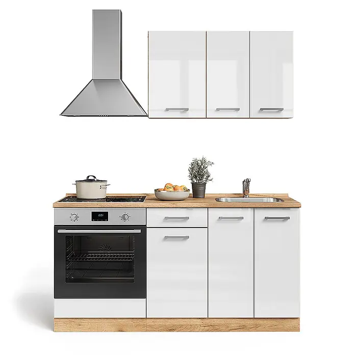 Vicco Singleküche R-Line Weiß Hochglanz mit Herdumbauschrank und Spüle mit AP - Breite: 160 cm, Weiß Hochglanz, Mit AP Eiche, mit Spüle - Weiße Kompaktküche mit Holzoptik-Arbeitsplatte, integriertem Backofen, Kochfeld, Spüle und Edelstahl-Dunstabzugshaube.