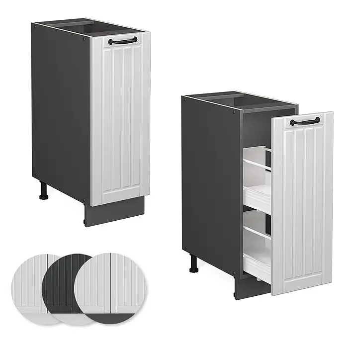Vicco Schrankküche Fame-Line Weiß Landhaus, AP Eiche - Weiß Landhaus, Apothekerunterschrank 30 cm, AP Eiche - Weißer Lamellen-Küchenunterschrank mit dunkelgrauem Rahmen und ausziehbaren Ablagen.