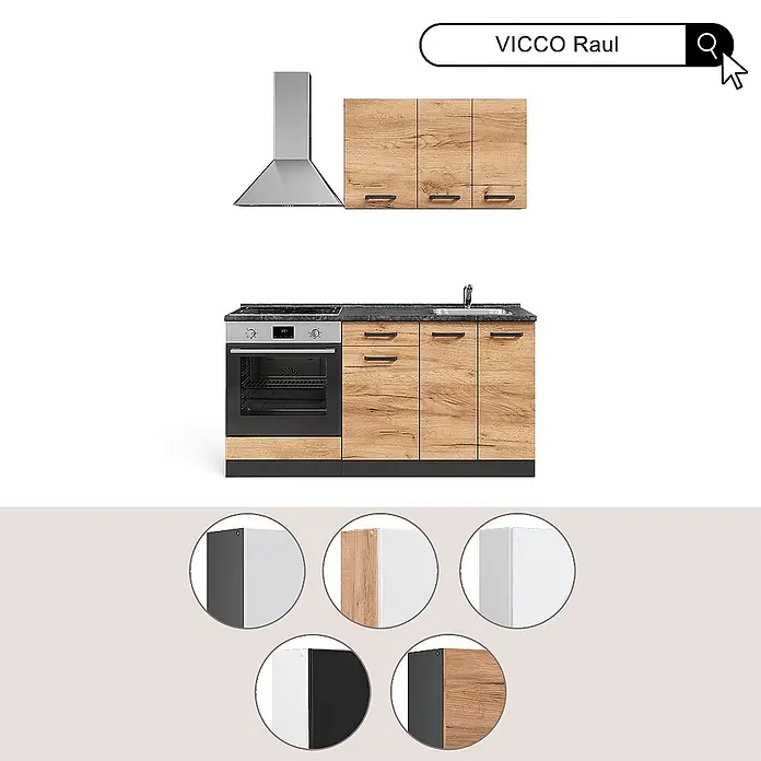 Vicco Singleküche R-Line Weiß Hochglanz mit Herdumbauschrank und Spüle mit AP - Breite: 160 cm, Weiß Hochglanz, Mit AP Eiche, mit Spüle - Moderne Küchenzeile mit Holzschränken, schwarzem Ofen, dunkler Arbeitsplatte und Stahlhaube. Mit Türfinish-Mustern.