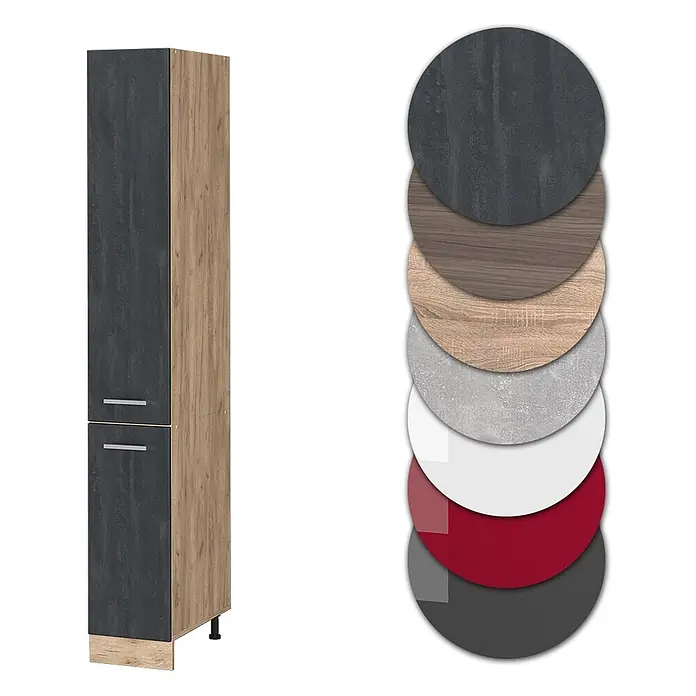 Vicco Apothekerschrank R-Line, Schwarz Beton, 30 cm -  - Zweifarbiger Hochschrank in dunkelgrauer Textur und hellem Holzdekor, mit Farbmustern.