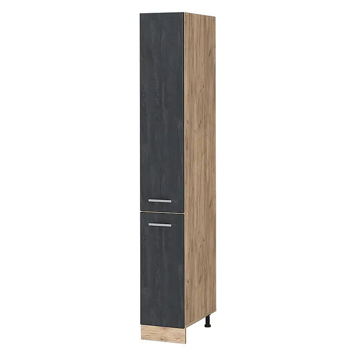 Vicco Apothekerschrank R-Line, Schwarz Beton, 30 cm -  - Hochschrank mit dunkelgrauen strukturierten Türen, silbernen Griffen und heller Holzoptik-Seitenwand, auf Füßen stehend.