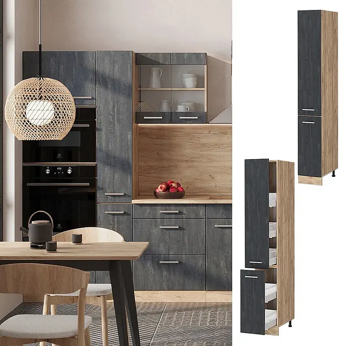 Vicco Apothekerschrank R-Line, Schwarz Beton, 30 cm -  - Modulares Küchenschrank-Set in dunkelgrauer Struktur und hellem Holz. Mit hohem Vorratsschrank samt Auszügen.