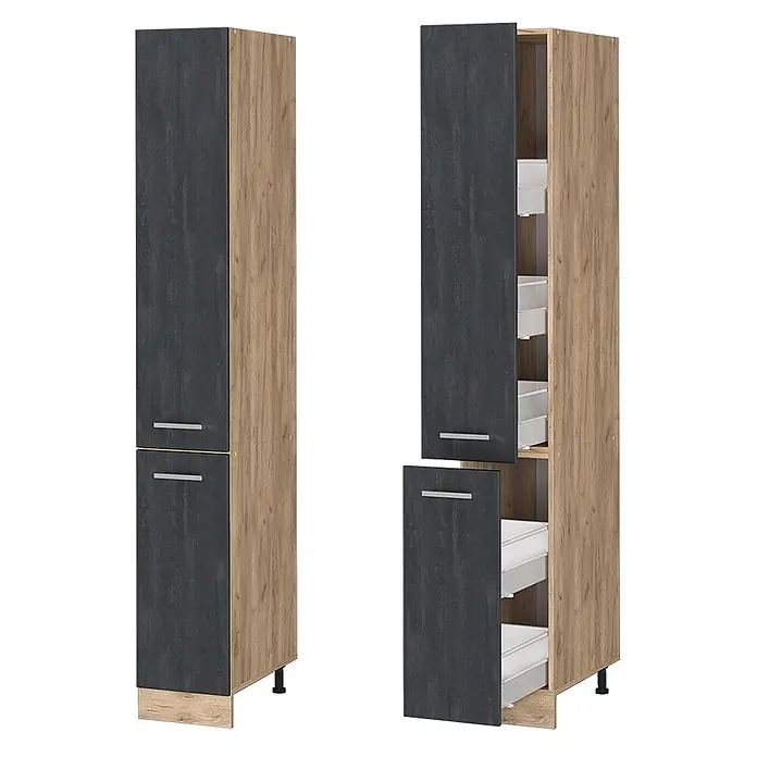 Vicco Apothekerschrank R-Line, Schwarz Beton, 30 cm -  - Zweifarbiger Hochschrank mit dunkelgrauen Türen und heller Holzoptik, geschlossen und offen mit Auszügen.