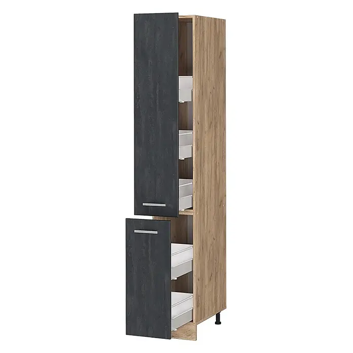 Vicco Apothekerschrank R-Line, Schwarz Beton, 30 cm -  - Hoher Küchenschrank mit hellem Holzkorpus, zwei dunkelgrauen Strukturtüren mit Griffen, teils geöffnet, zeigt Auszüge.