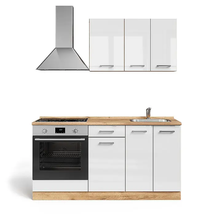 Vicco Singleküche R-Line Weiß Hochglanz mit Herdumbauschrank und Spüle mit AP - Breite: 160 cm, Weiß Hochglanz, Mit AP Eiche, mit Spüle - Moderne weiße Küche mit Holz-Arbeitsplatte, Edelstahlgeräten (Backofen, Kochfeld, Spüle, Dunstabzugshaube) und Hochglanzschränken.