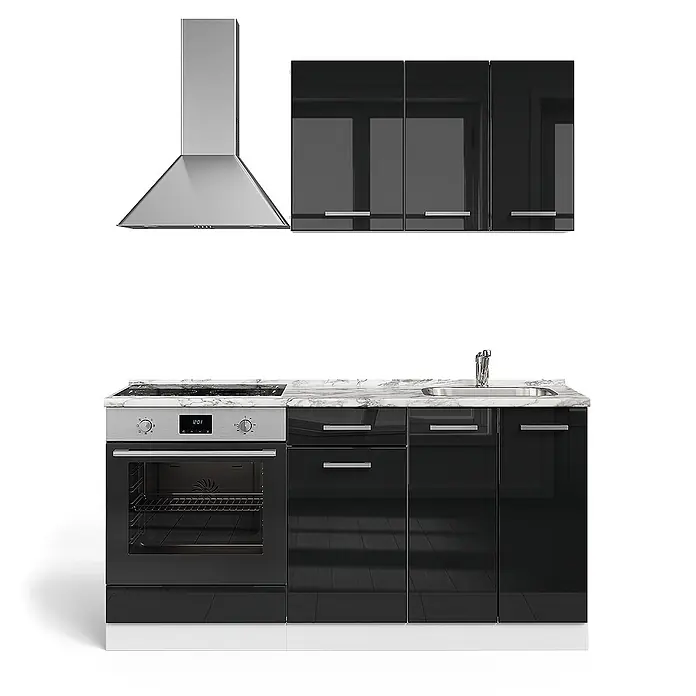 Vicco Singleküche R-Line Schwarz Hochglanz/Weiß mit Herdumbauschrank ohne Arbeitsplatte - Schwarz Hochglanz, Ohne AP - Kompakte Küchenzeile mit hochglänzenden schwarzen Schränken, Arbeitsplatte in Marmoroptik, integriertem Backofen, Kochfeld, Spüle und Dunstabzugshaube aus Edelstahl.